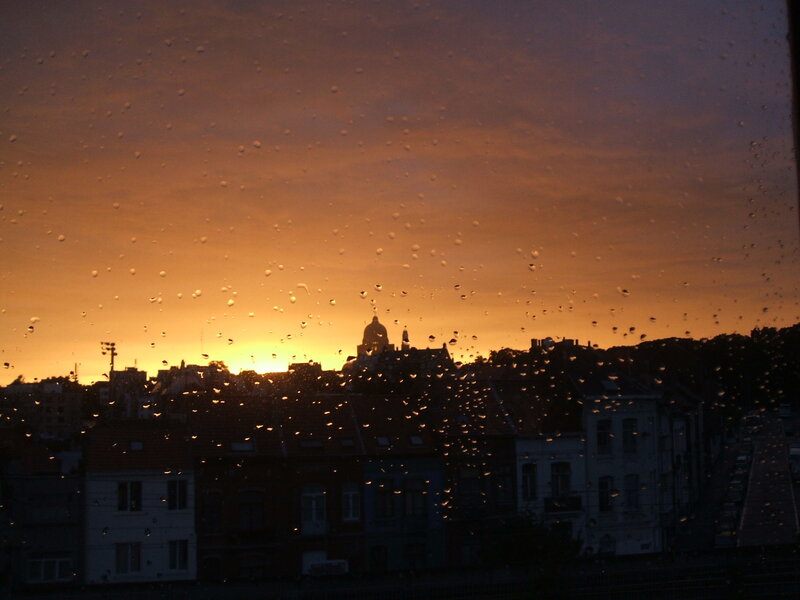 rainy sunset over city