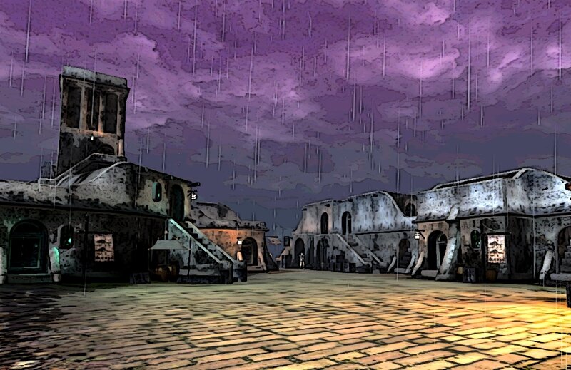 rainy town square at dusk