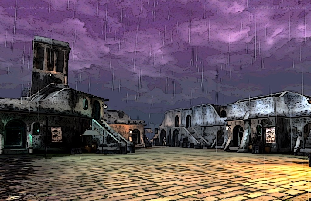 rainy town square at dusk