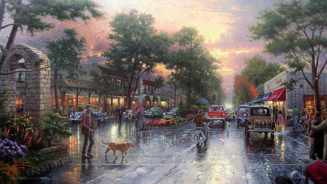 Rainy town street scene