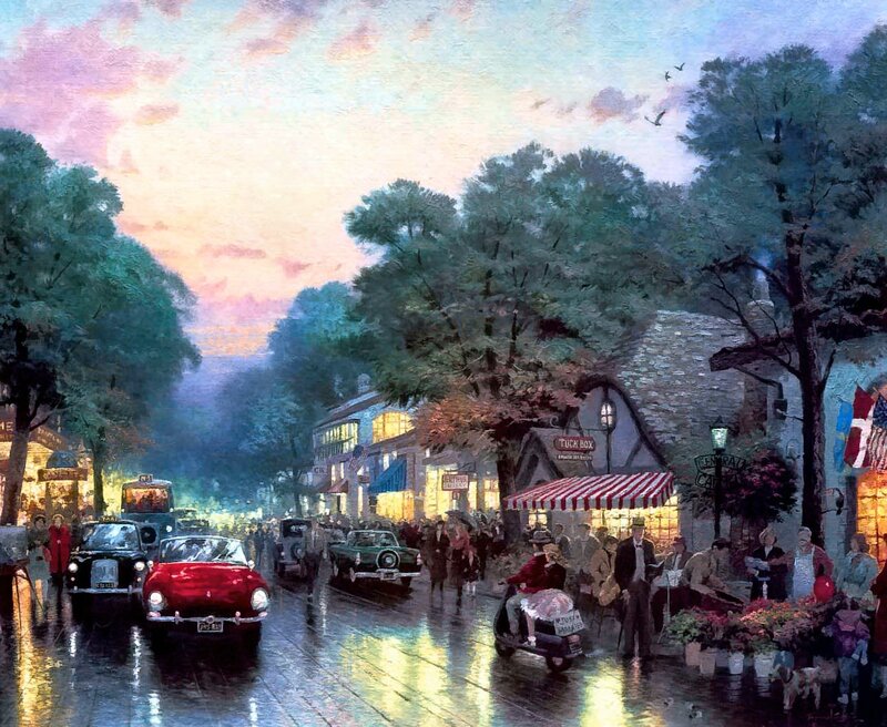 Rainy town street scene