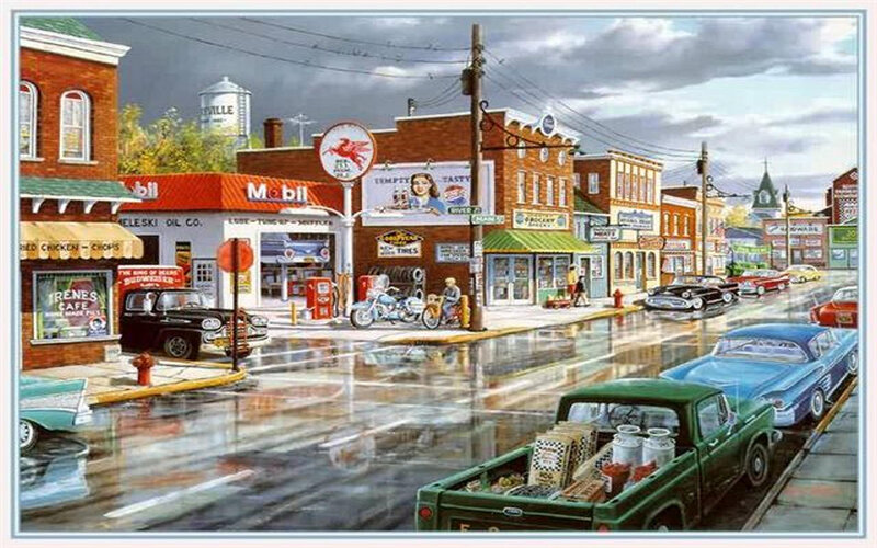Rainy Town Street Scene — Green