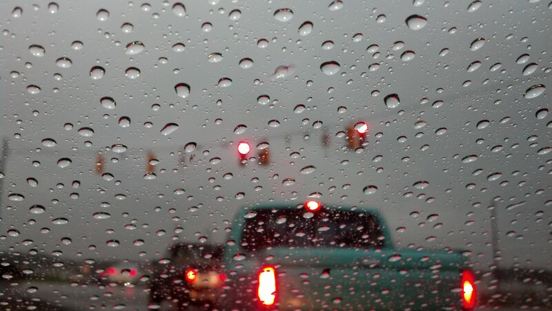 rainy traffic view from car
