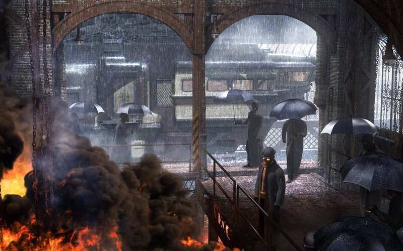Rainy train station with fire