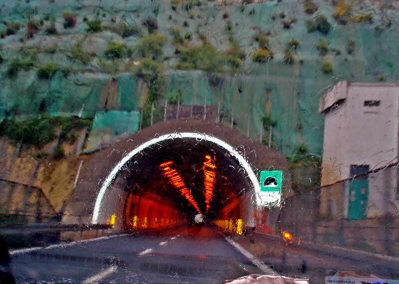 rainy tunnel entrance view