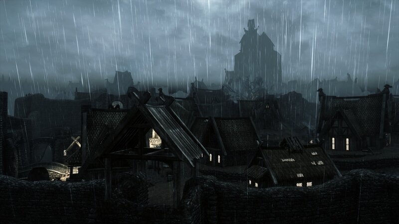 rainy village at dusk