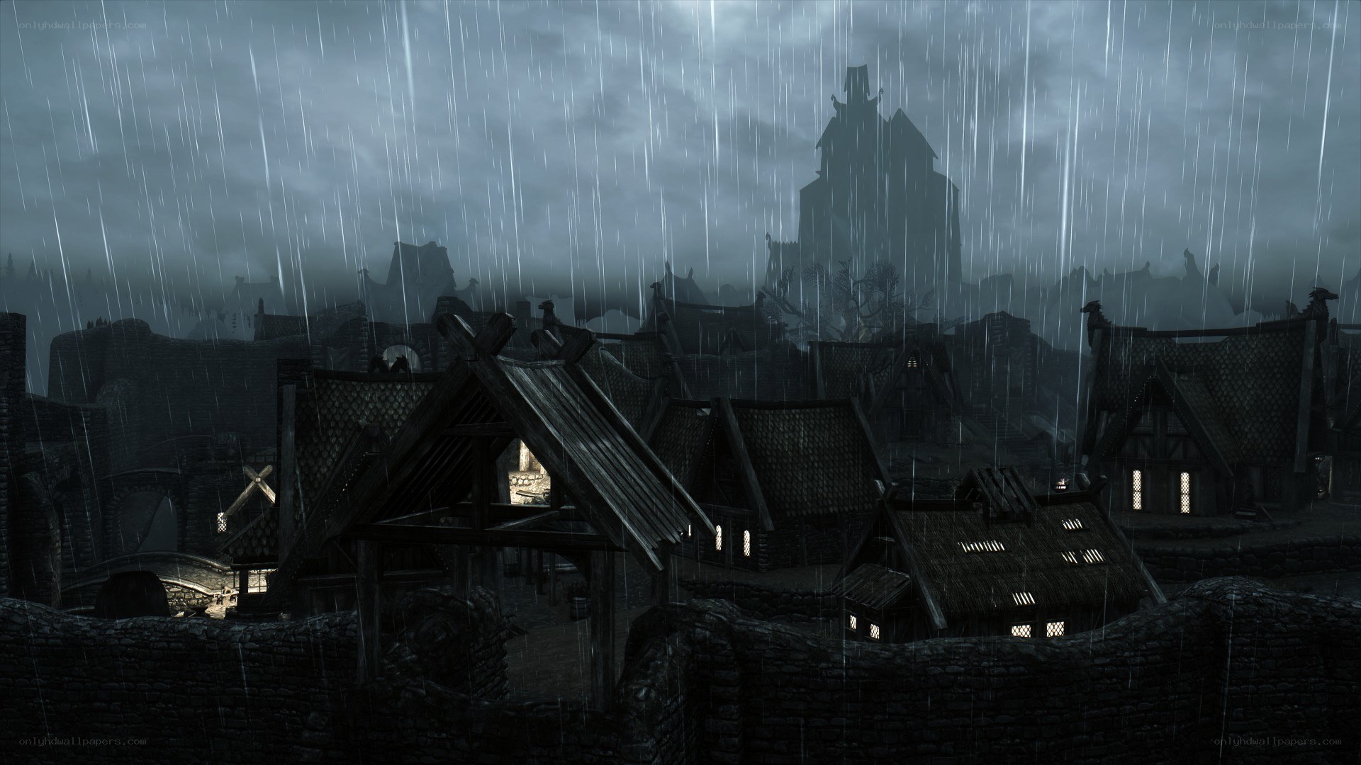 rainy village at dusk