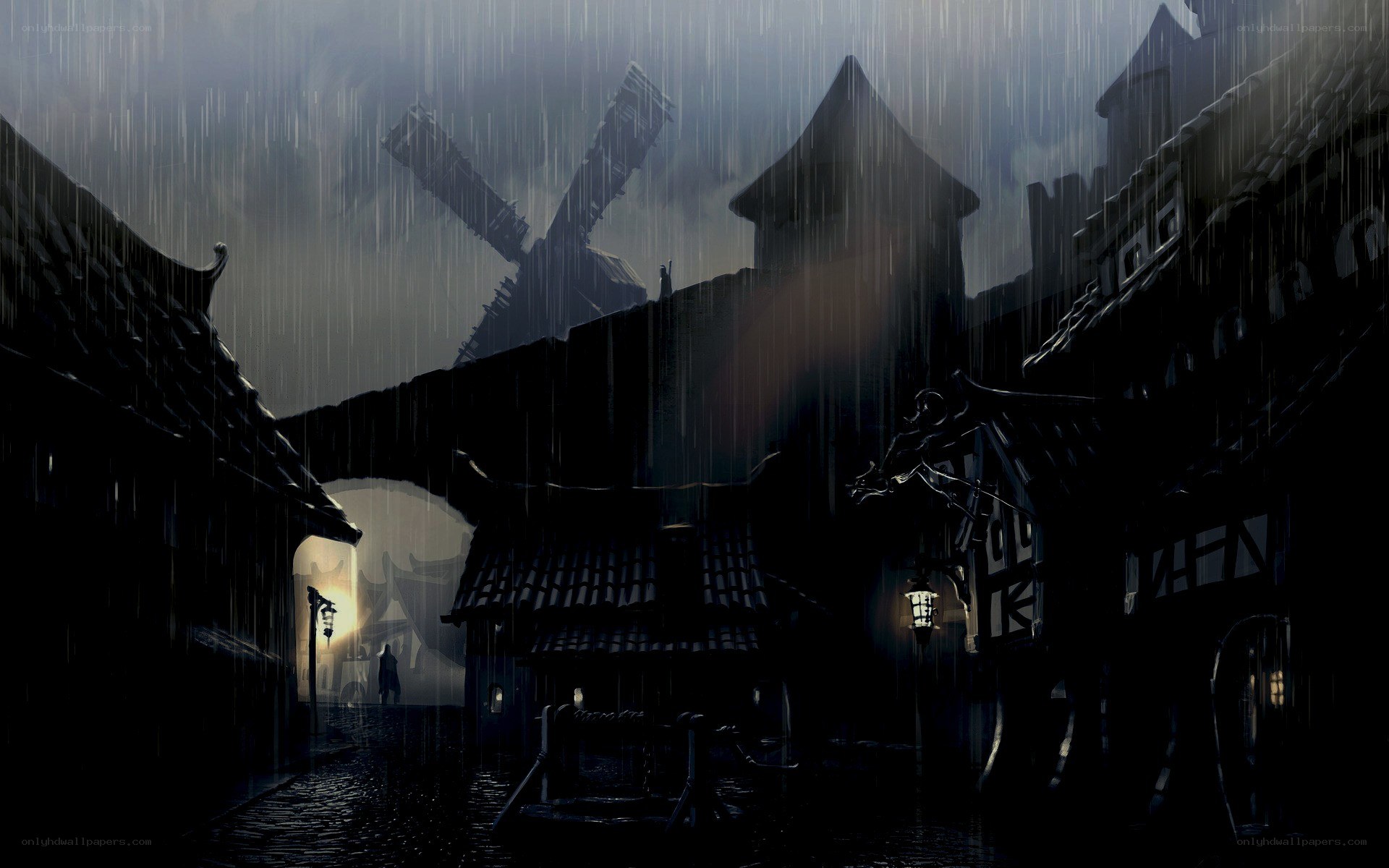 rainy village at night