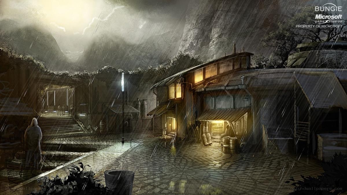 Rainy village at night