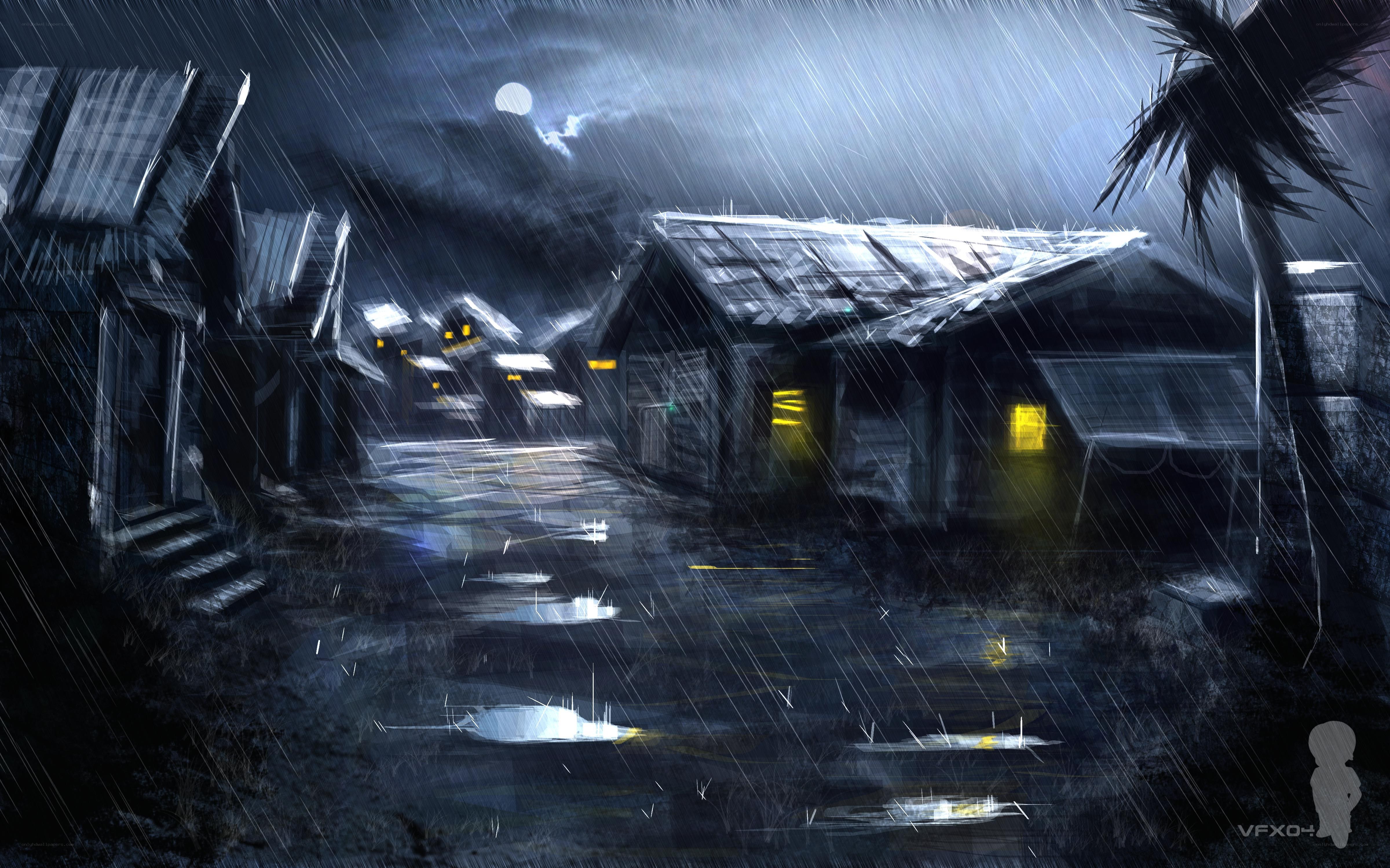 Rainy village at night