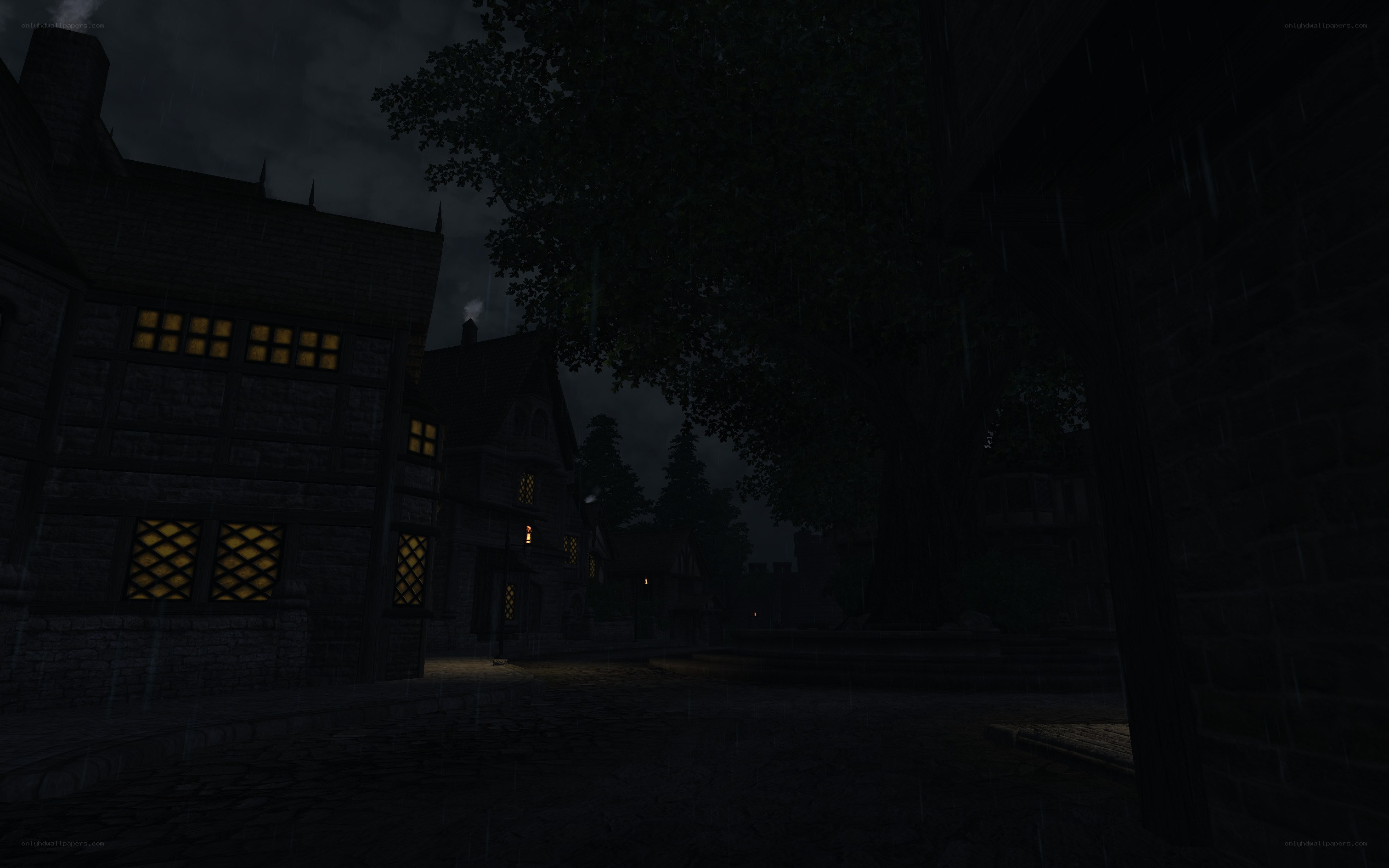 rainy village at night