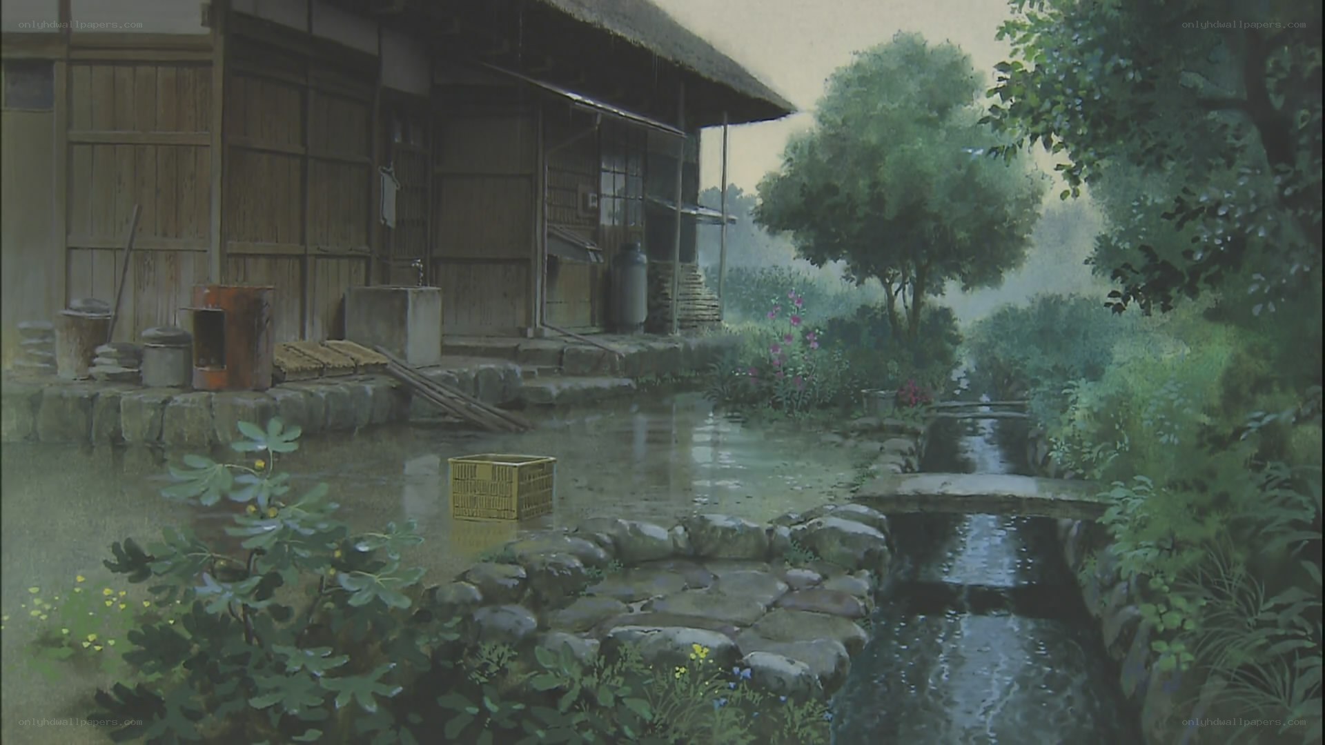 Rainy village scene