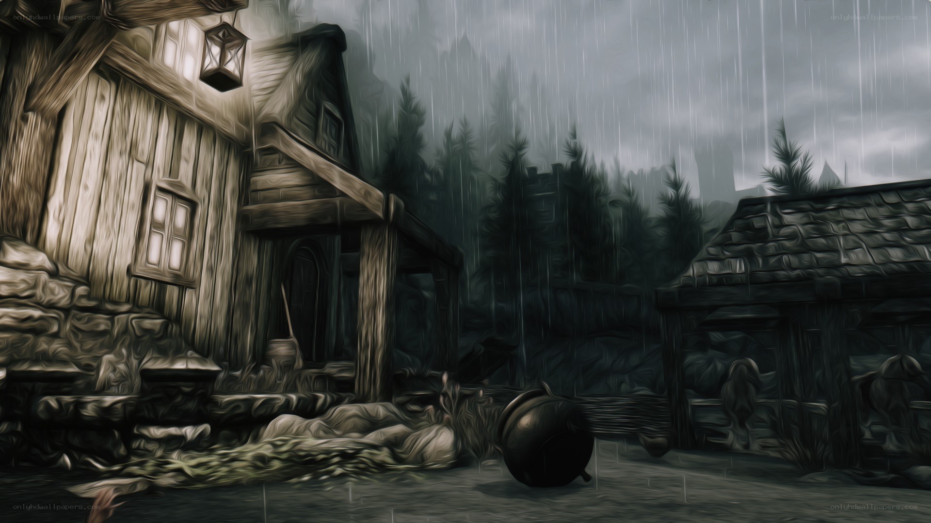 rainy village scene
