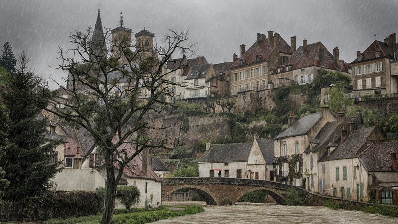 Rainy Village Scene — Gray