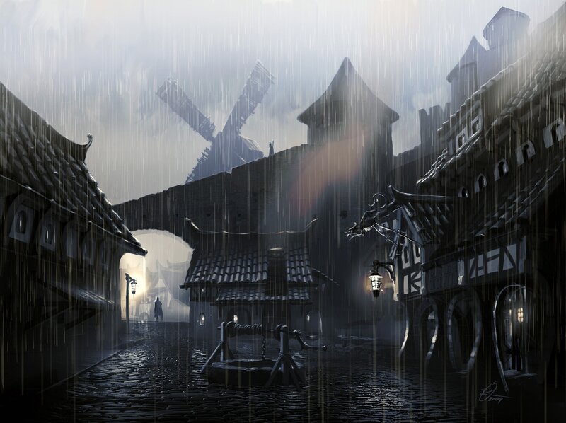 Rainy village street at dusk