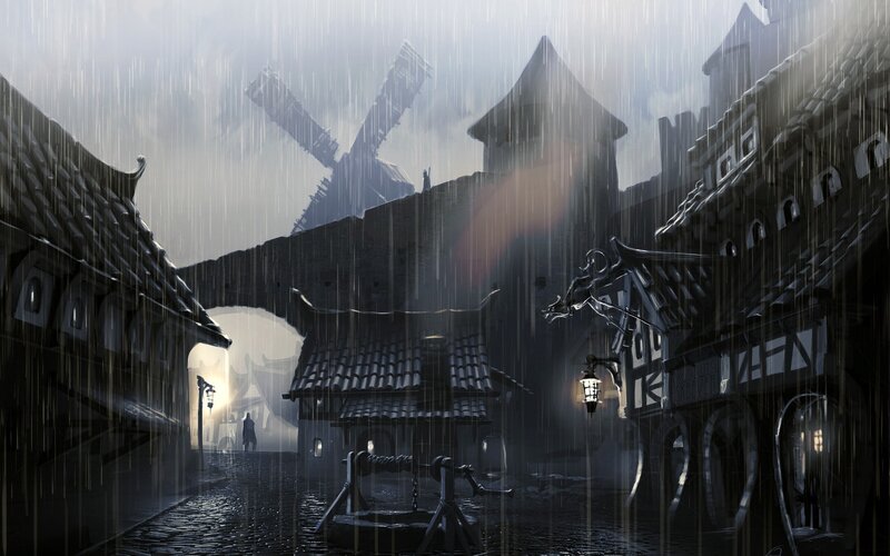 Rainy Village Street — Gray