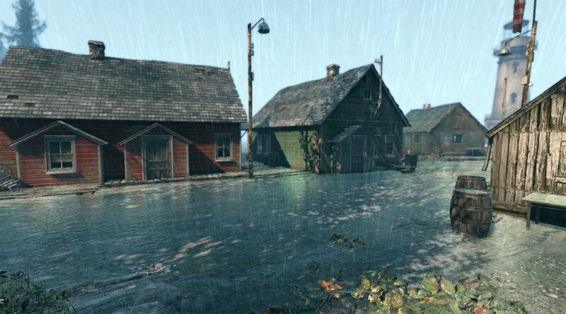 rainy village street scene