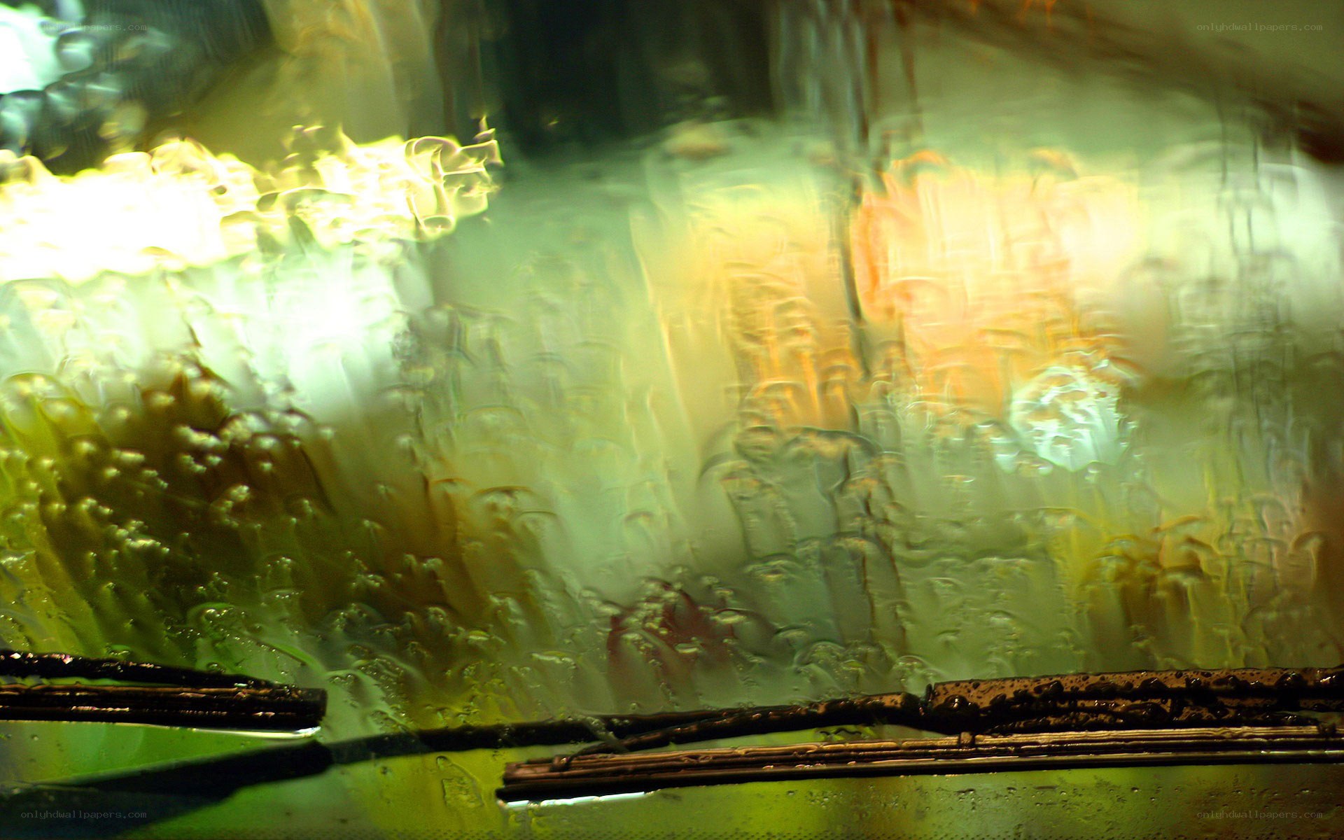 Rainy windshield view at night