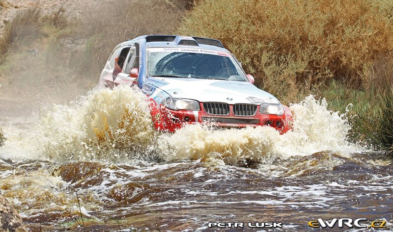 Rally car crossing a river