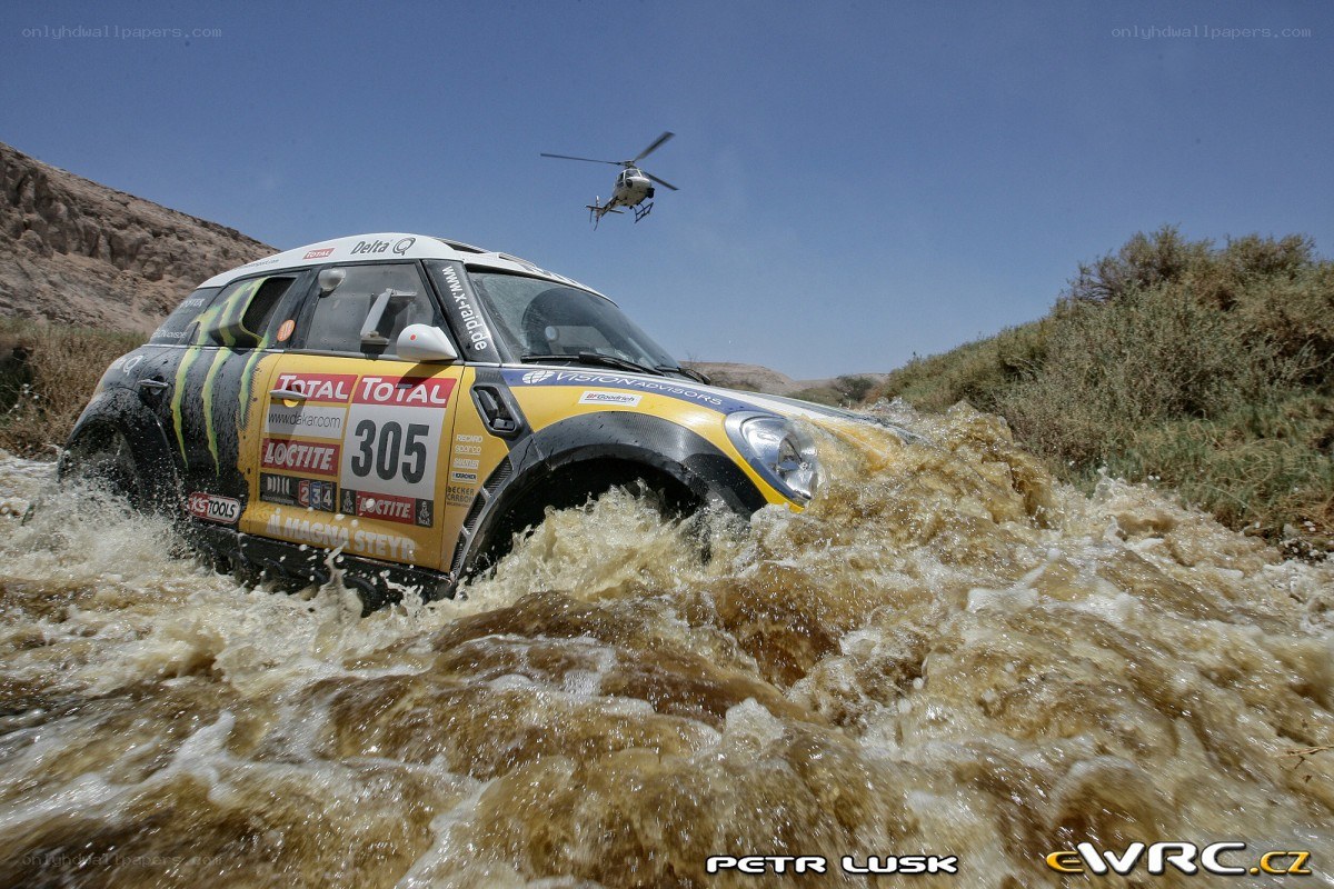 Rally car crossing river