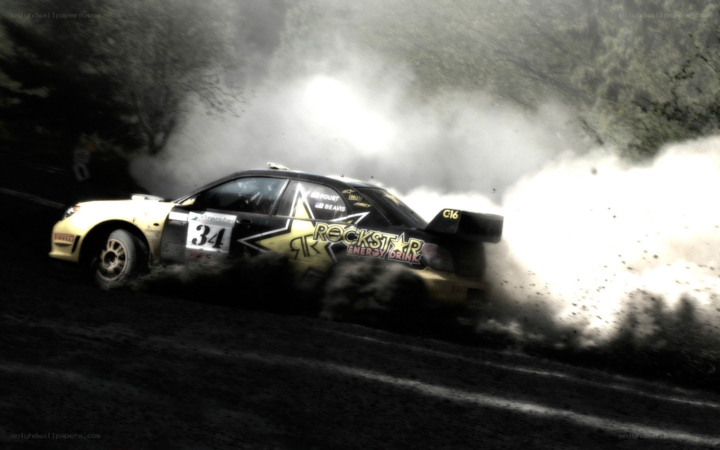 Rally car drifting in dust