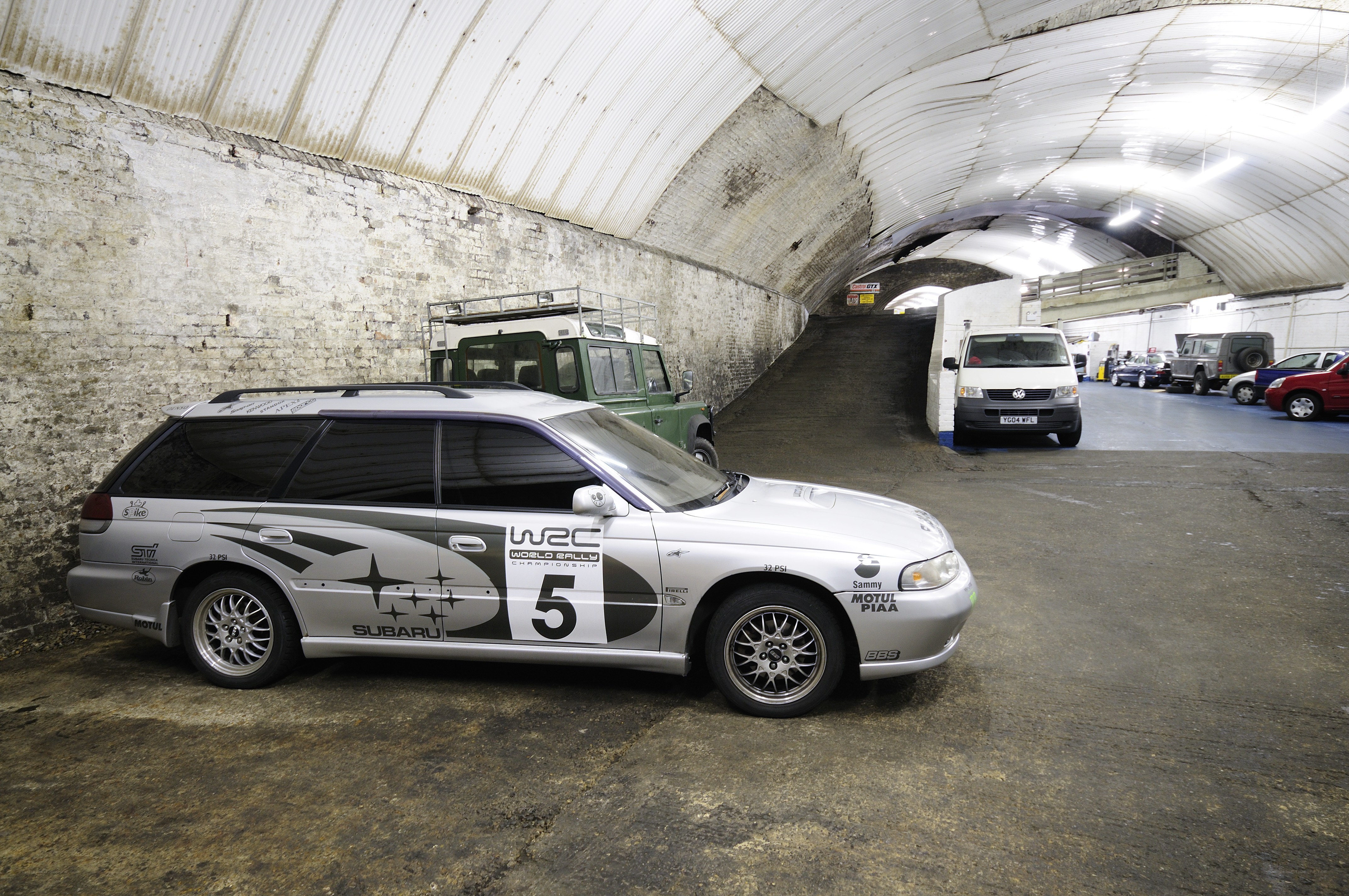 Rally car in a garage