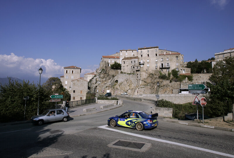 Rally car in a historic town