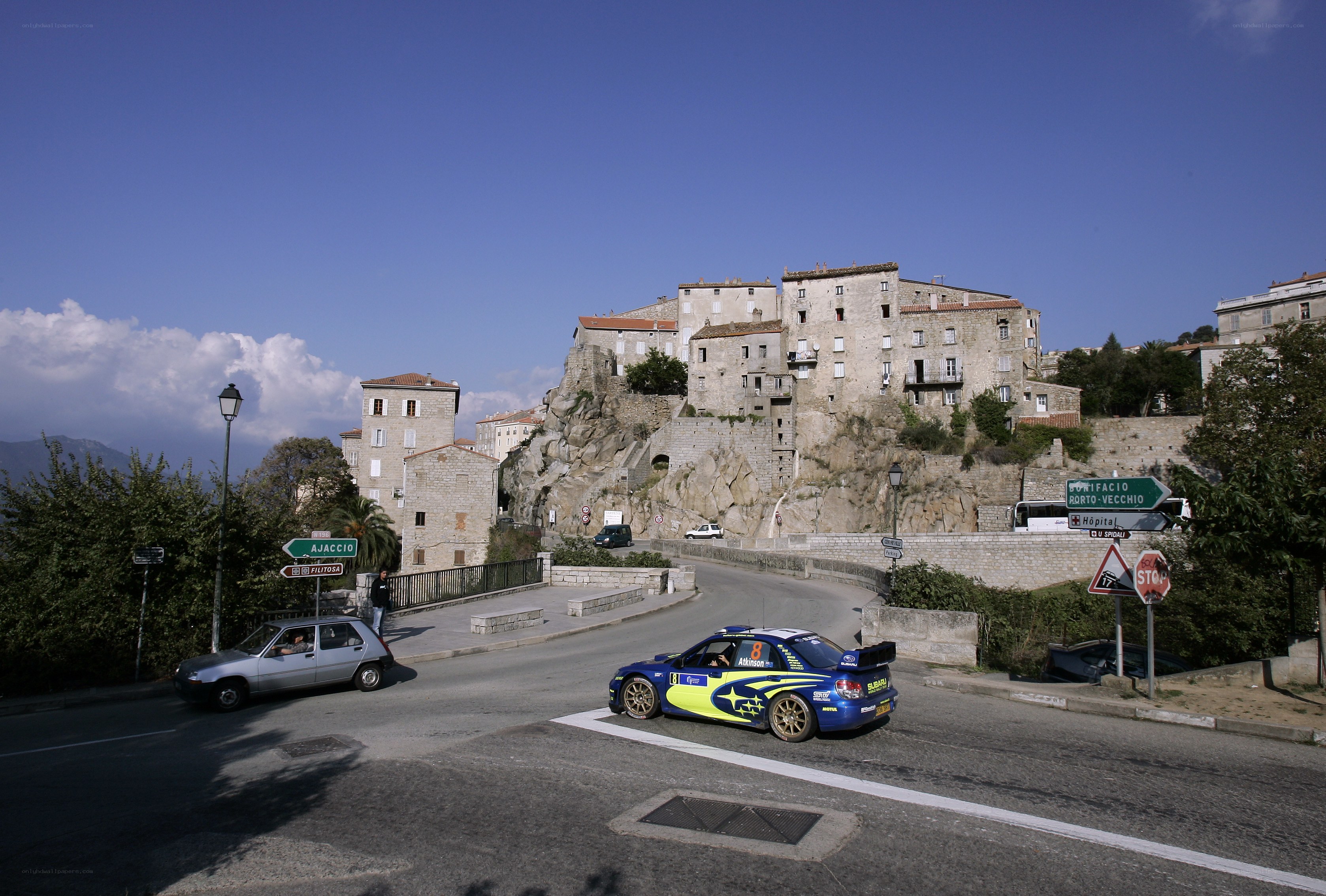Rally car in a historic town