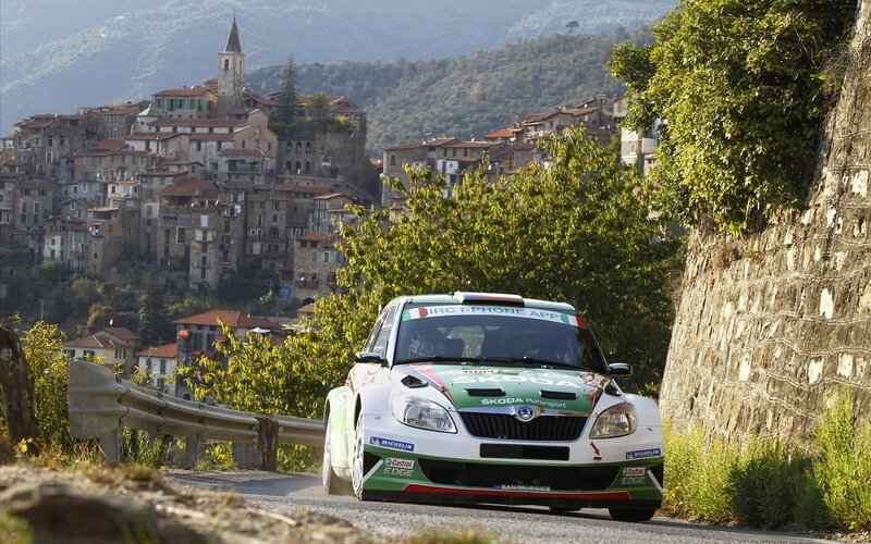 Rally car in a mountain village