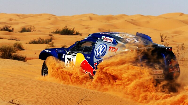 Rally Car in Desert — Blue, Dynamic, Afternoon, Photograph, Sand Dunes