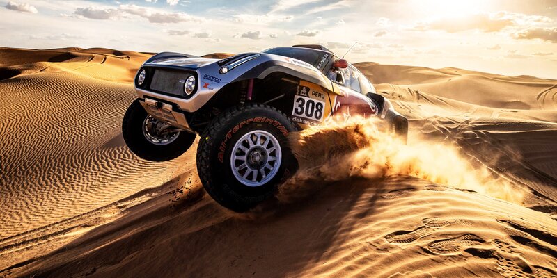 Rally Car in Desert — Brown, Dramatic, Sunset