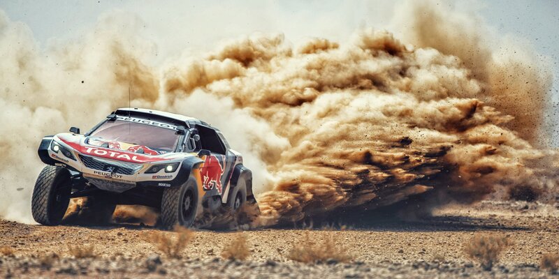 Rally Car in Desert — Brown, Dynamic, Afternoon, Photograph, Dust Cloud, Racing Vehicle