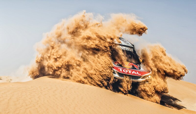 Rally Car in Desert — Brown, Dynamic, Afternoon, Photograph, Dust Cloud, Sand Dune
