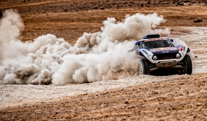 Rally Car in Desert — Brown, Dynamic, Afternoon, Photograph, Dust Cloud, Sand