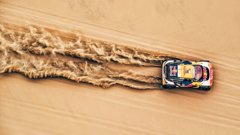Rally Car in Desert — Brown, Dynamic, Afternoon, Photograph, Sand Dunes, Dust Trail