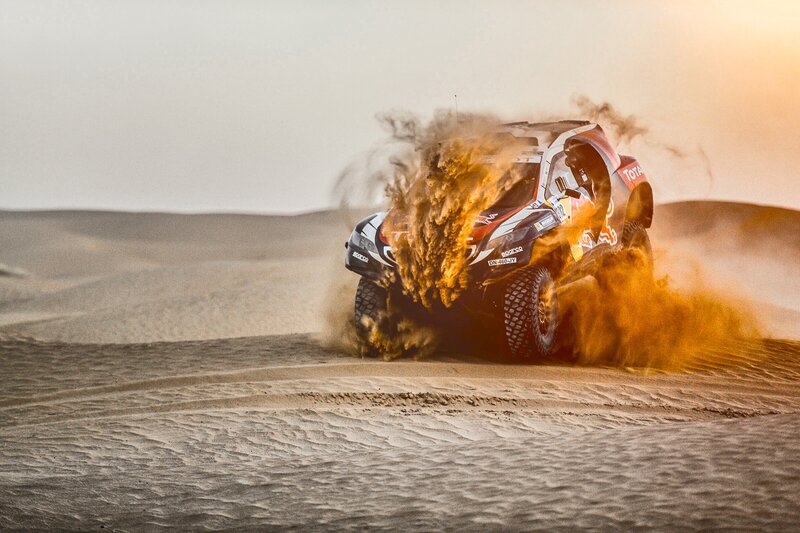 Rally Car in Desert — Brown, Dynamic, Sunset