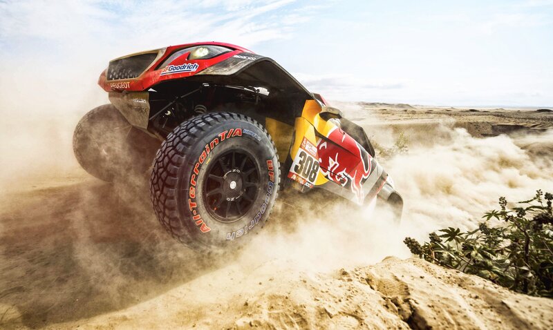 Rally Car in Desert — Red, Dynamic, Afternoon, Photograph, Dust, Sand Dunes