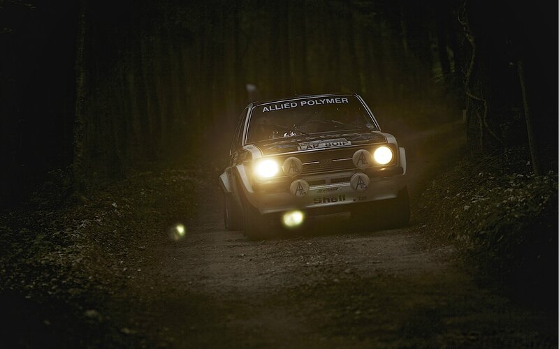 Rally Car in Forest — Black, Dramatic