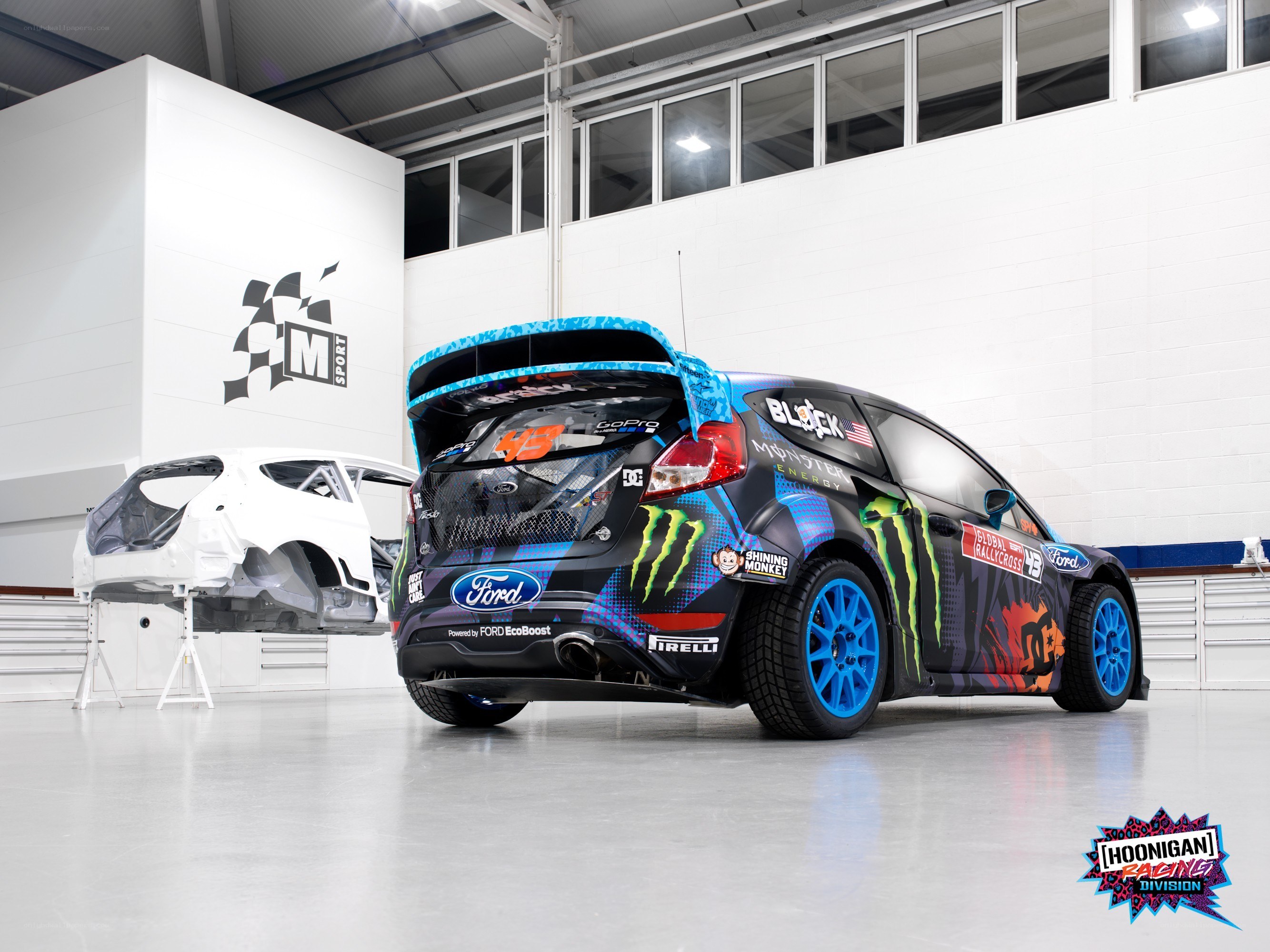 rally car in garage