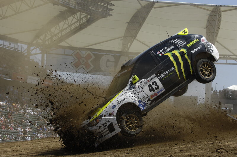 Rally car in mid-air jump