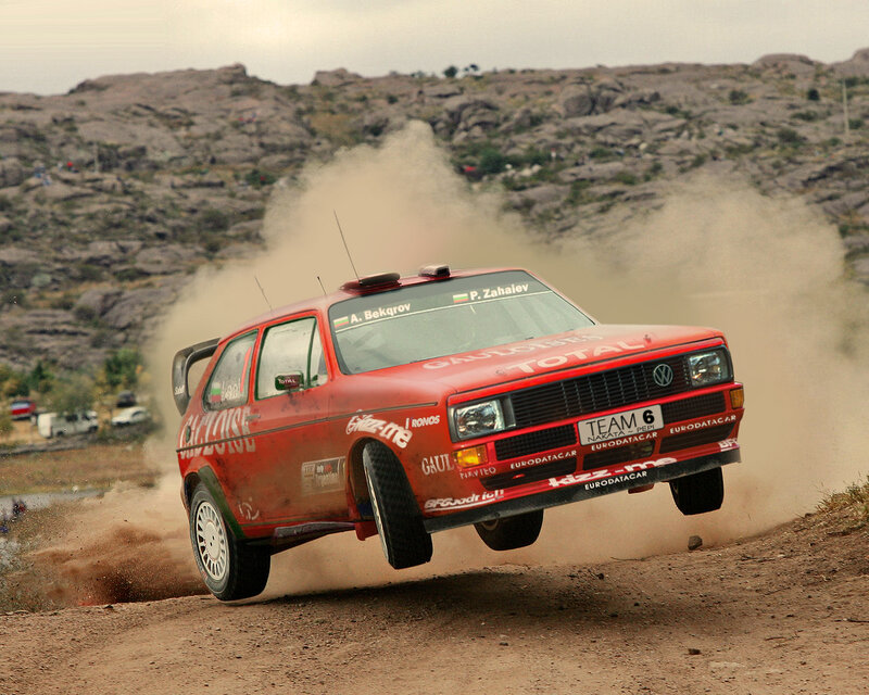 Rally car in mid-air jump