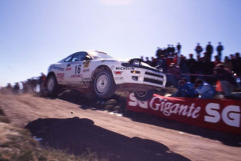 Rally car in mid-air jump