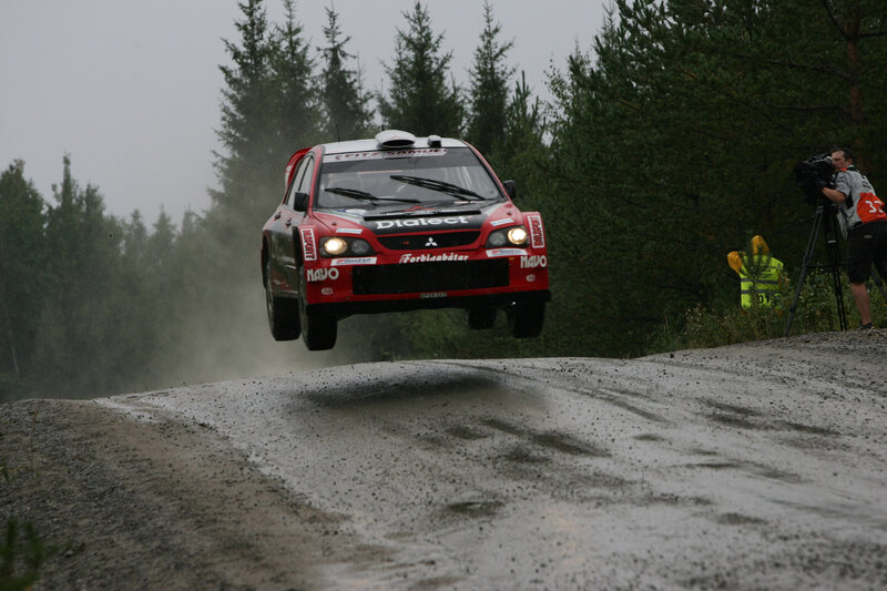 Rally car in mid-air jump