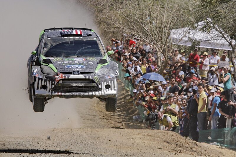 Rally car in mid-air jump