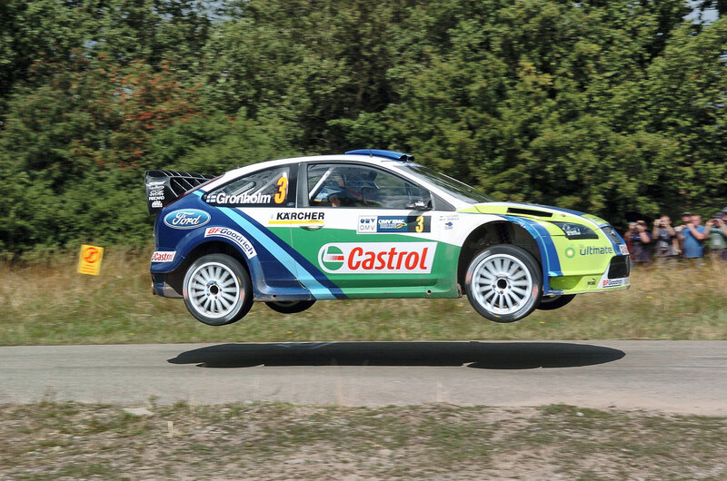 Rally car in mid-air jump