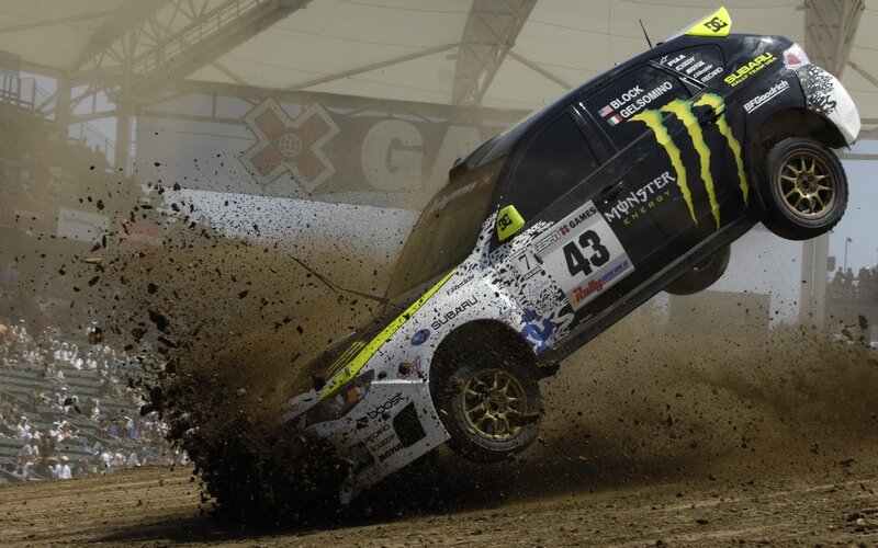 Rally car in mid-air jump