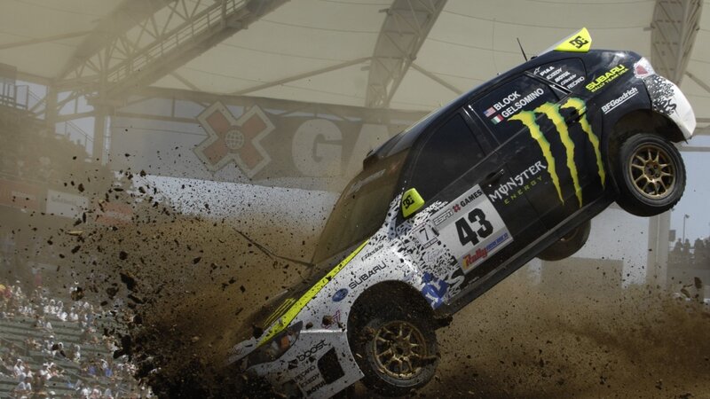 Rally car in mid-air jump