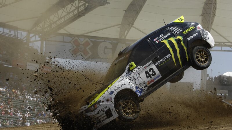 Rally car in mid-air jump