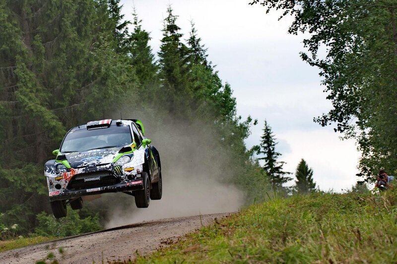 Rally car in mid-air jump
