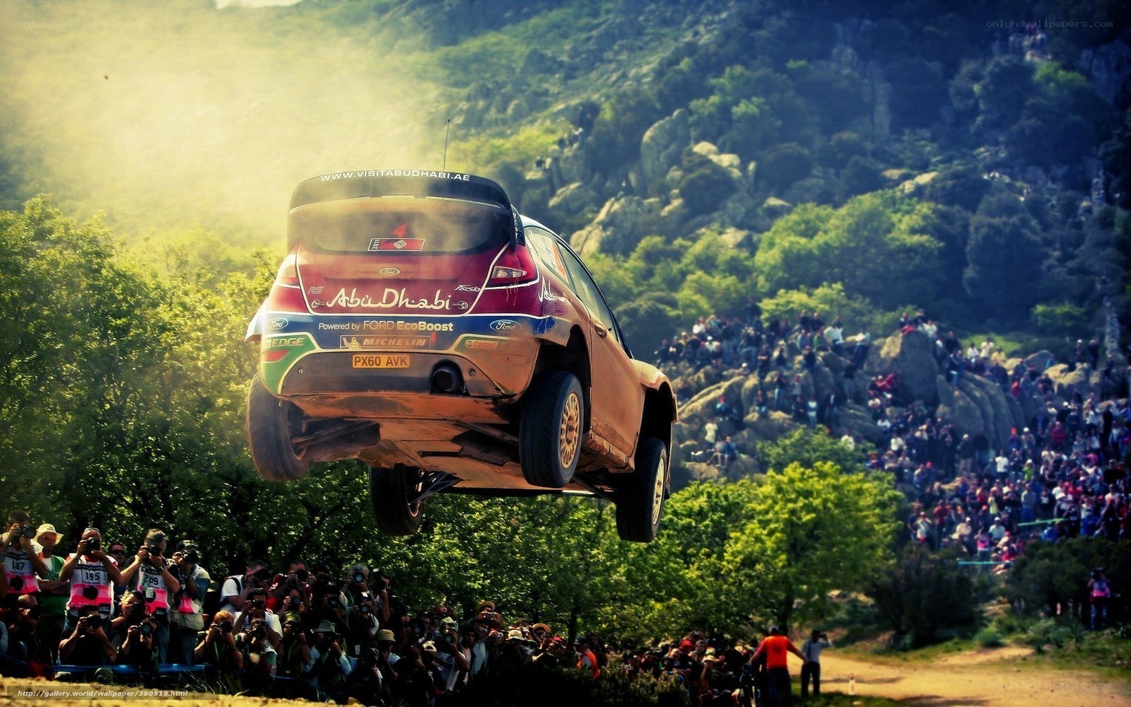 Rally car in mid-air jump